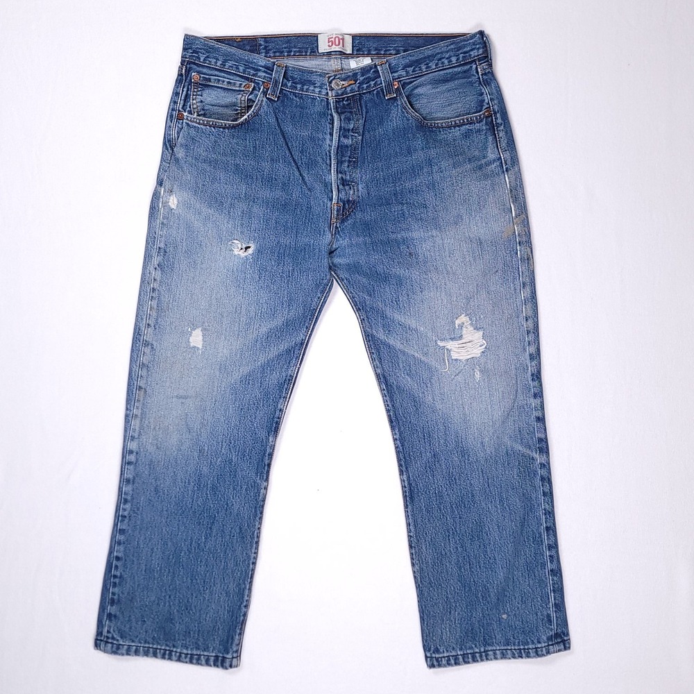 Levis 501 Jeans Mens 36x26 Blue Denim Pants Mexico Distressed Medium Wash Hemmed